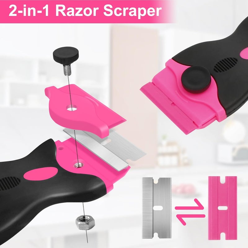 THINKWORK Razor Blade Scraper - Pink Razor Scraper Gift for Women, 2-in-1 Scraper Tool Set with 20Pcs Razor Blades for Removing Window Labels, Decals, Stickers, Glass Stove Top (2 Pack) - Image 2